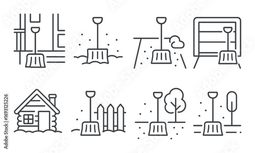 Winter season linear icon set. featuring snow shoveling, fence, cabin, tree, and garage symbols.