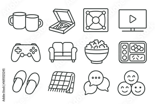 Leisure activities linear icon set. featuring mugs, pizza, sofa, tv, game controller, popcorn, slippers, blanket, and emojis.
