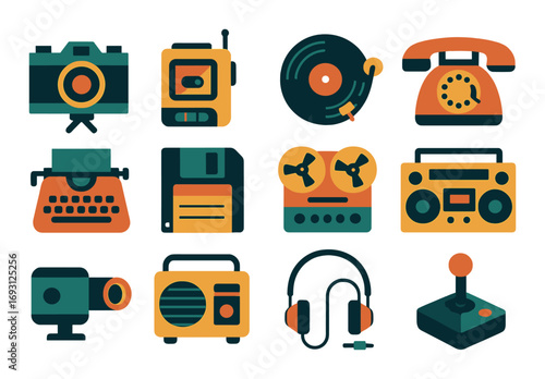 Retro technology flat icon set. featuring camera, cassette, record, telephone, typewriter, and joystick symbols.
