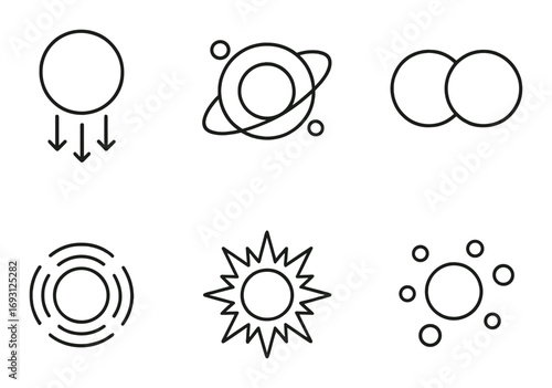 Space themed linear icon set. featuring planets, stars, orbits, galaxies, solar systems, and celestial bodies.