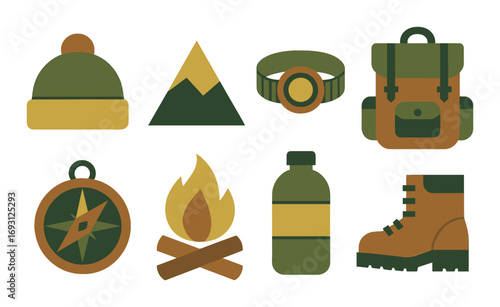 Camping flat icon set. featuring hat, mountain, flashlight, backpack, compass, campfire, water bottle, boot.