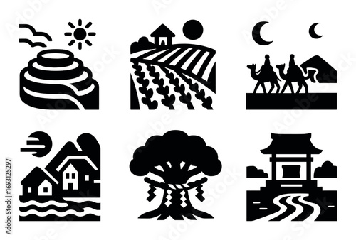 Landscape silhouette icon set. featuring terraced field, farm, caravan, village, tree, shrine scenes.