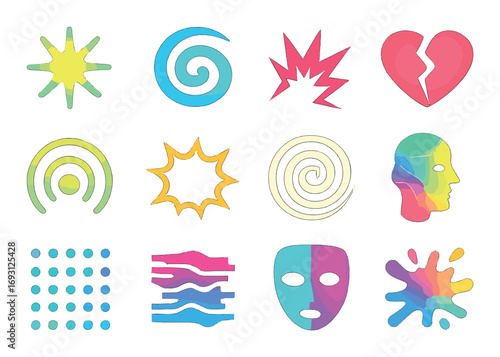 Abstract shape silhouette icon set. featuring star, spiral, explosion, heart, concentric, sun, face, and mask symbols.