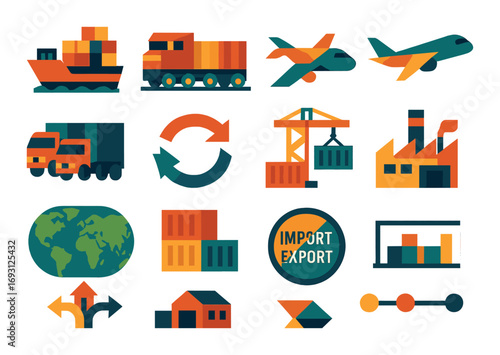 Global trade silhouette icons set. featuring ship, truck, airplane, factory, crane, globe, import/export..
