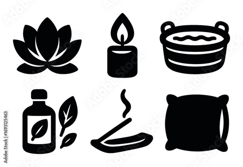 Spa essentials silhouette icon set. featuring lotus, candle, bathtub, oil, incense, and pillow symbols.