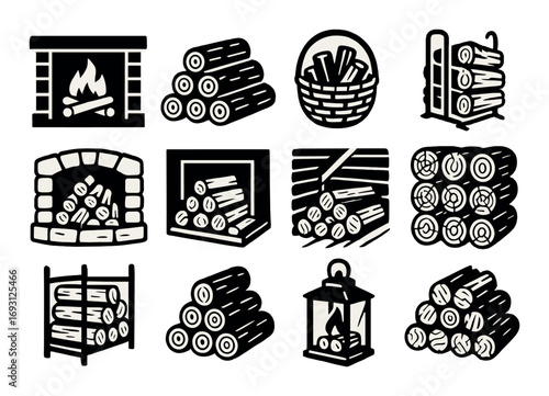Firewood and fireplace silhouette icon set. featuring logs, woodpile, basket, and hearth symbols.