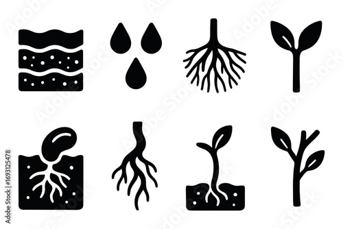 Plant growth silhouette icon set. featuring seed, sprout, roots, leaves, soil, and water symbols.