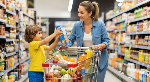 Mother and child shopping in a supermarket