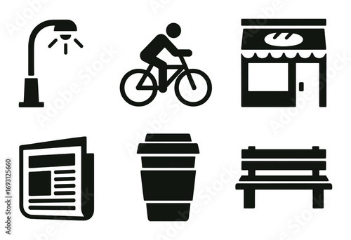 Silhouette city life icon set. featuring streetlight, cyclist, shop, newspaper, coffee cup, bench symbols.