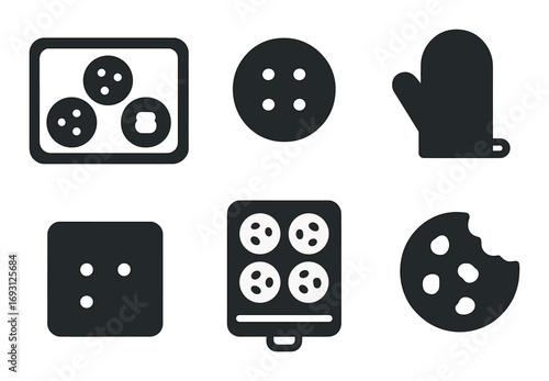 Baking utensils flat icon set. featuring cookies, oven mitt, tray, cookie cutter, and baking symbols.