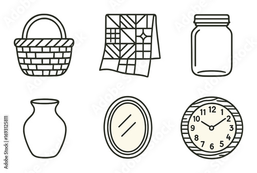 Home essentials linear icon set. featuring basket, quilt, jar, vase, mirror, clock symbols.