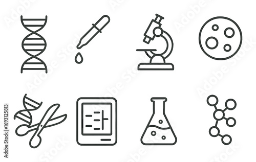Science linear icon set. featuring dna, pipette, microscope, petri dish, molecule, e-reader, beaker, and atom.