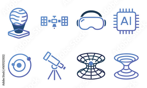 Space exploration neon silhouette icon set. featuring planet, satellite, vr headset, ai chip, orbit, and telescope.