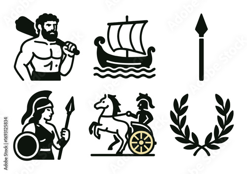 Ancient greece silhouette icons set. featuring hercules, trireme, spear, athena, chariot, laurel.