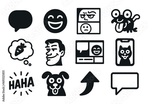 Communication and expressive silhouette icon set. featuring chat, emoji, meme, animal, and mood symbols.