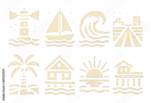 Beach elements silhouette icon set. featuring lighthouse, sailboat, wave, jetty, palm tree, house, sunset.