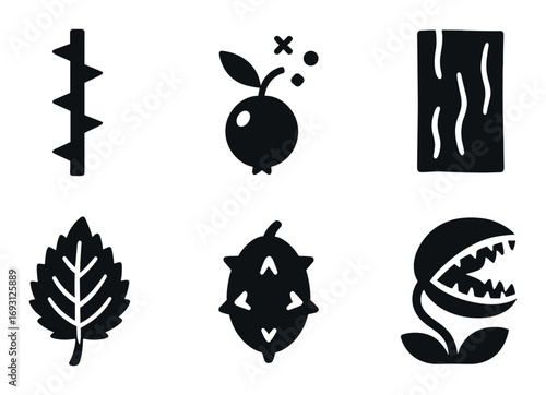 Nature elements silhouette icon set. featuring log, leaf, thorn, berry, seed, carnivorous plant.