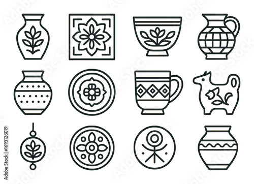 Traditional pottery linear icons set. featuring vases, floral motifs, cups, jugs, and decorative elements.