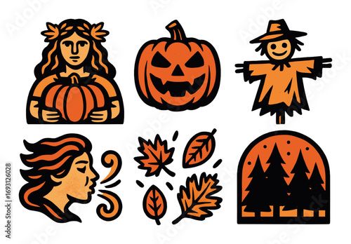 Autumn festival silhouette icon set. featuring leaves, pumpkin, scarecrow, breeze, and forest symbols.