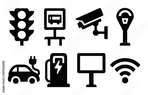Urban transport silhouette icon set. featuring traffic light, bus stop, cctv, parking meter, electric car, fuel station, billboard, wifi..
