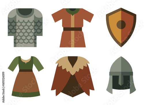 Medieval attire flat icon set. featuring armor, tunic, shield, dress, cloak, and helmet icons.