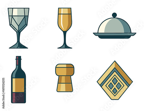 Restaurant and dining flat icons set. featuring wine glass, champagne flute, cloche, wine bottle, cork, and napkin holder.