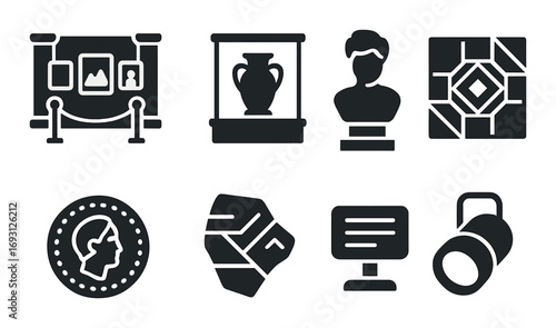 Museum exhibit silhouette icon set. featuring painting, sculpture, pottery, bust, coin, online ticket, spotlight.