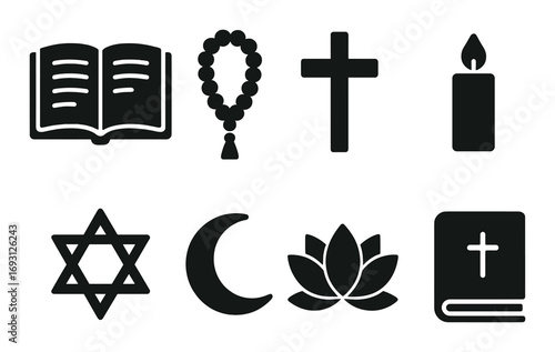 Religious symbols silhouette icon set. featuring bible, rosary, cross, candle, star of david, crescent moon, lotus.