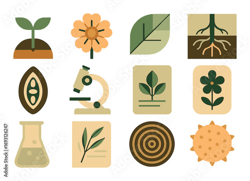 Nature and biology flat icons set. featuring plant, flower, leaf, root, seed, microscope, and flask symbols.
