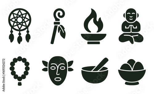Spiritual silhouette icon set. featuring dreamcatcher, staff, flame, meditation, beads, mask, bowl, offering symbols.