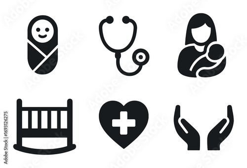 Parenting and healthcare silhouette icon set. featuring baby, stethoscope, mother, crib, heart, and hands symbols.