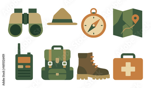 Outdoor exploration flat icons set. featuring compass, map, backpack, binoculars, hat, boots, first aid kit, radio.