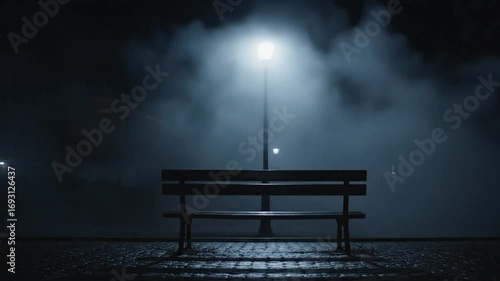 Lonely Bench Under Streetlight at Night