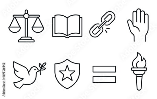 Law and justice linear icon set. featuring scales, book, chain, hand, dove, shield, equality, torch symbols.