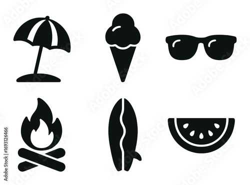 Summer silhouette icons set. featuring beach umbrella, ice cream, sunglasses, campfire, surfboard, watermelon.