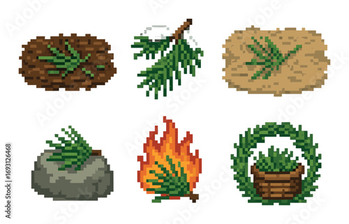 Plants in nature pixel art icon set. featuring soil, dew, sand, stone, fire, and wicker symbols.