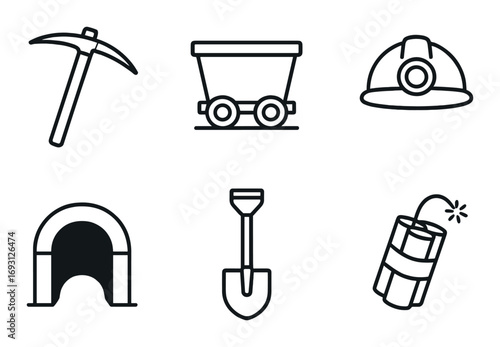 Mining equipment linear icon set. featuring pickaxe, cart, helmet, tunnel, shovel, and dynamite symbols.