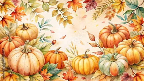 Watercolor autumn harvest bounty pumpkins and fall leaves create a warm and inviting seasonal scene, perfect for thanksgiving decor