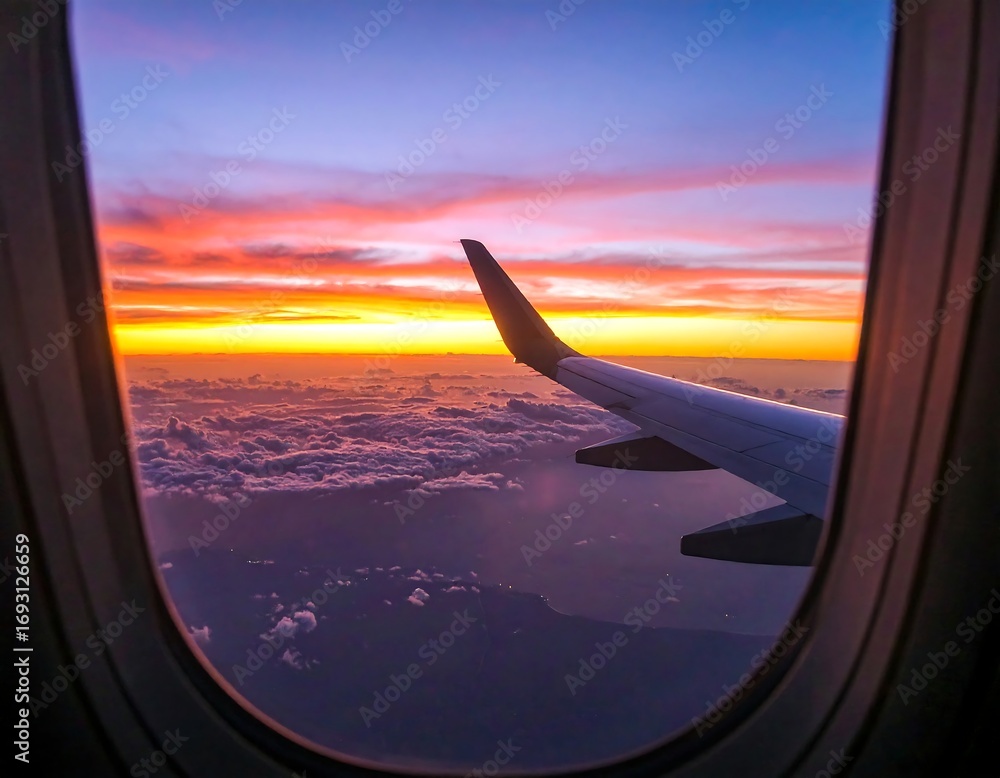 Obraz premium Airplane window view of a vibrant sunset over clouds
