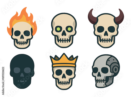 Halloween skull flat icon set. featuring fire, eyes, horns, shadow, crown, and robot skulls.