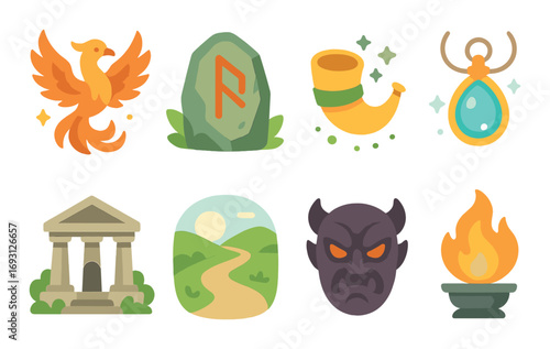 Fantasy journey flat icon set. featuring phoenix, rune stone, horn, amulet, temple, path, demon, and flame symbols.