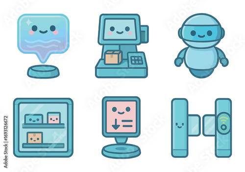 Retail technology flat icons set. featuring chatbot, pos, robot, inventory, kiosk, and turnstile symbols.