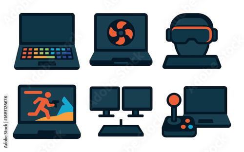 Gaming equipment silhouette icon set. featuring laptop, fan, vr headset, gaming, dual monitors, joystick.