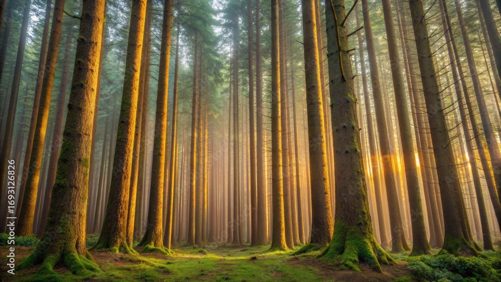 Fototapeta premium Golden sunbeams illuminate a dense forest path, casting warm light through tall trees with mossy trunks.
