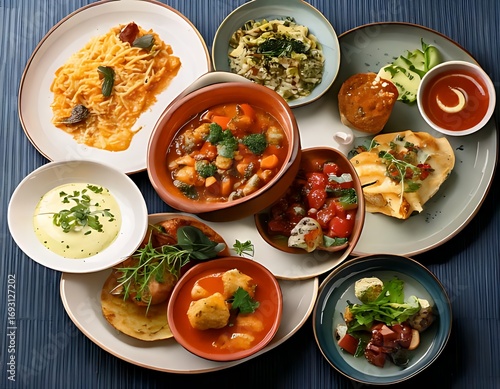 Assorted gourmet dishes on plates