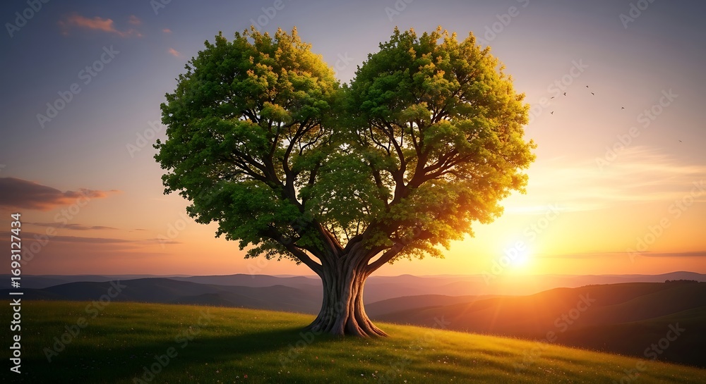 Fototapeta premium Heart Shaped Tree at Sunset.