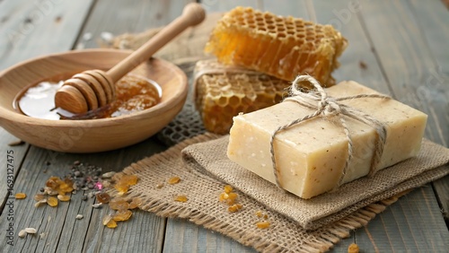 Natural Soap Bar with Honeycomb and Wooden Bowl Still Life on Rustic Wooden Surface.