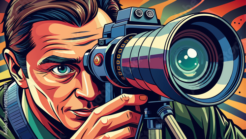 Close-up portrait of male photographer peering through camera lens on tripod. Isolated background emphasizes focus, creativity, and storytelling power of photography.