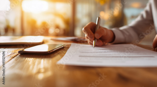 Wallpaper Mural Person signing a document at a wooden desk in a bright office setting Torontodigital.ca