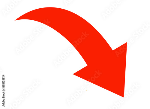 Free Download A vibrant red arrow pointing downwards and to the right, isolated on a transparent background, signifying a decrease, decline, or negative trend - GFXLoad